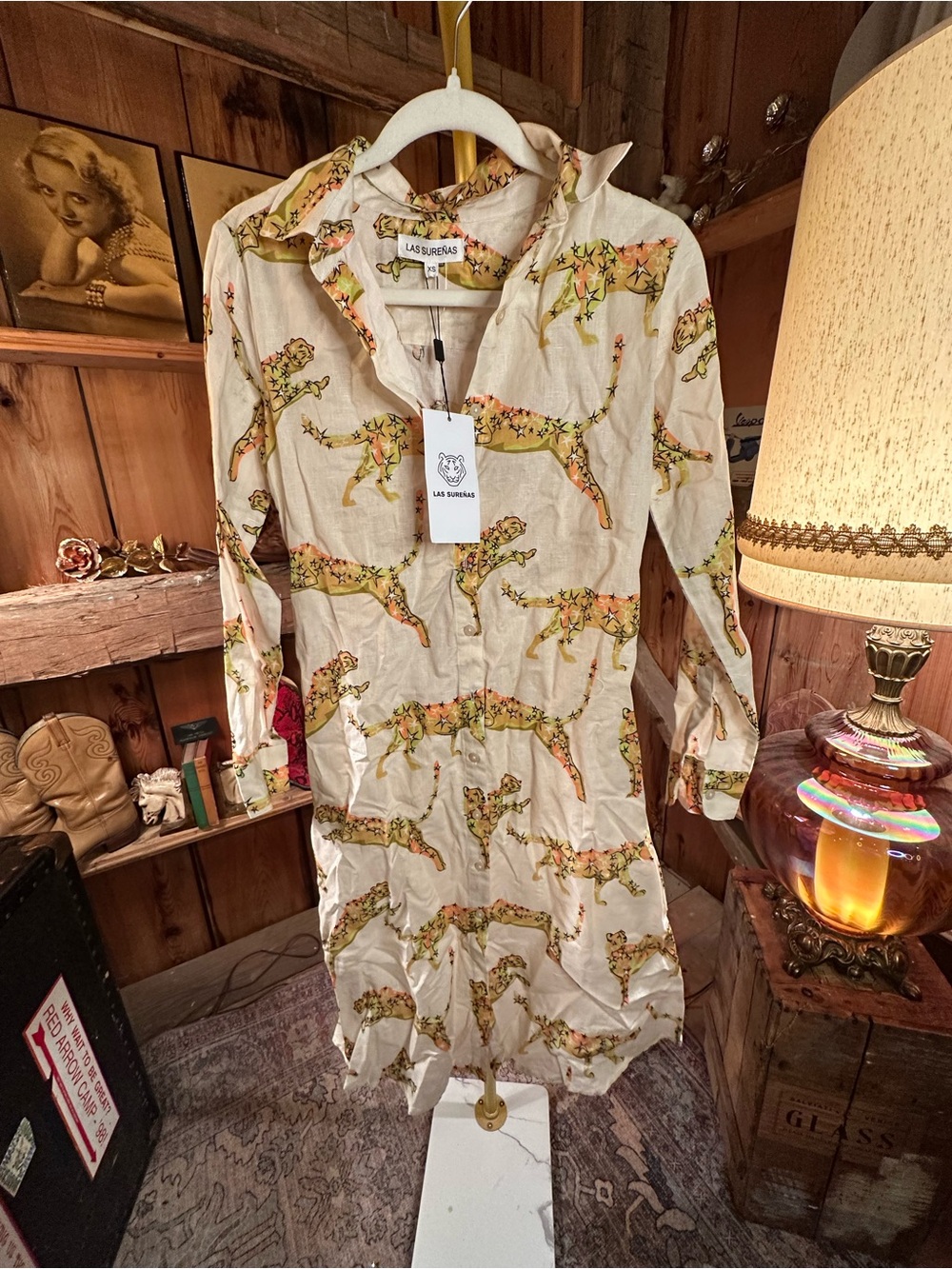 Las Surenas Beige Printed Long-Sleeve Shirt Dress